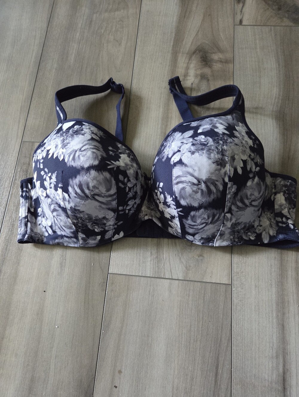 Cacique Navy and Gray Floral Underwire Bra